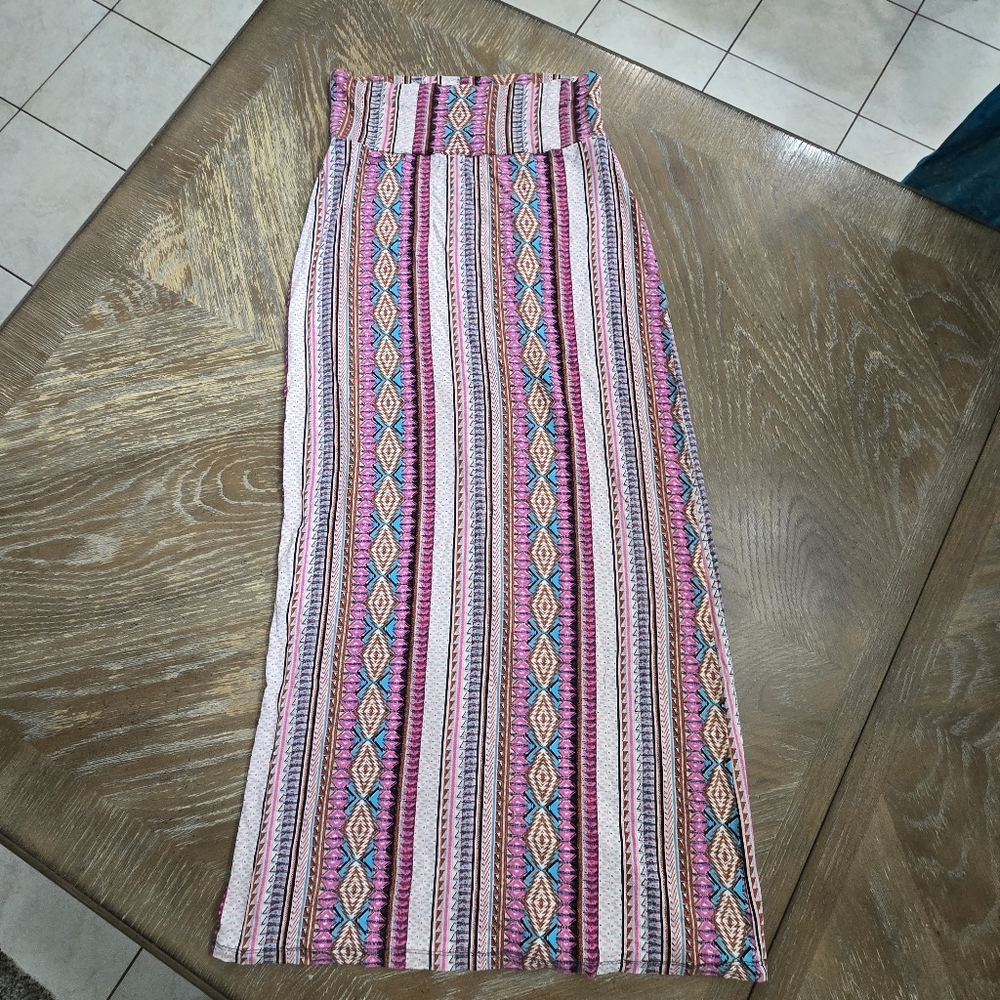 Pink Rose Vibrant Boho Stripe Maxi Skirt Small – Rayon Spandex Blend